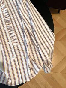 白色条纹荷叶边领长袖纽扣宽松女式衬衫，优雅百搭，适合通勤和外出穿着，春夏款 - 彩色 - 查看 8