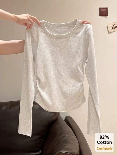 Women's Cotton Long Sleeve T-Shirt, Solid Color Slim Fit Casual Undershirt, Autumn/Winter