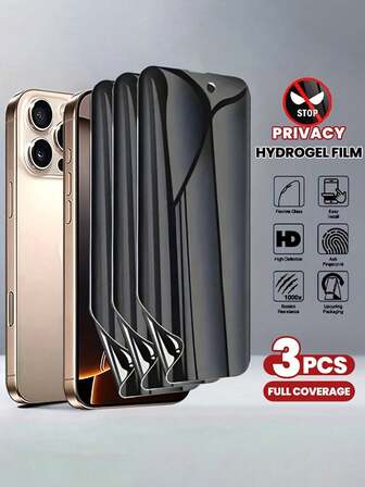 3 Pcs Anti Spy Full Cover Soft Hydrogel Film Compatible With IPhone 17 Air 16 15 Pro Max 14 13 12 11 Pro Max Plus Screen Protector Compatible With IPhone X XS Max XR Privacy Hydrogel Screen Protector Film (Not Tempered Glass) Screen Protection Essentials, Applicable To Daily Shield, Office, Home Privacy Screen Protector Phone Screen Protector Phone Accessories Waterproof Shockproof Anti-Fall Scratch Resistant