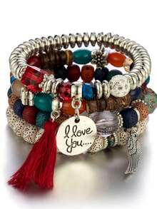 Set de 4 pulseras de flecos y cuentas bohemias de moda con diseño por capas, joyería creativa para mujeres, los colores pueden variar ligeramente - Gris - Ver 18