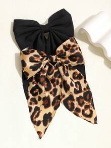 2pcs Leopard Print & Solid Satin Bow Long Tail Hair Clip Headpiece Claw Clips Hair Claws Hair Barrettes, School Stuff, Elegant, College, Bows, Cute, Classy, Winter Outfit Women, Hair Accessories - Multicolor - View 6