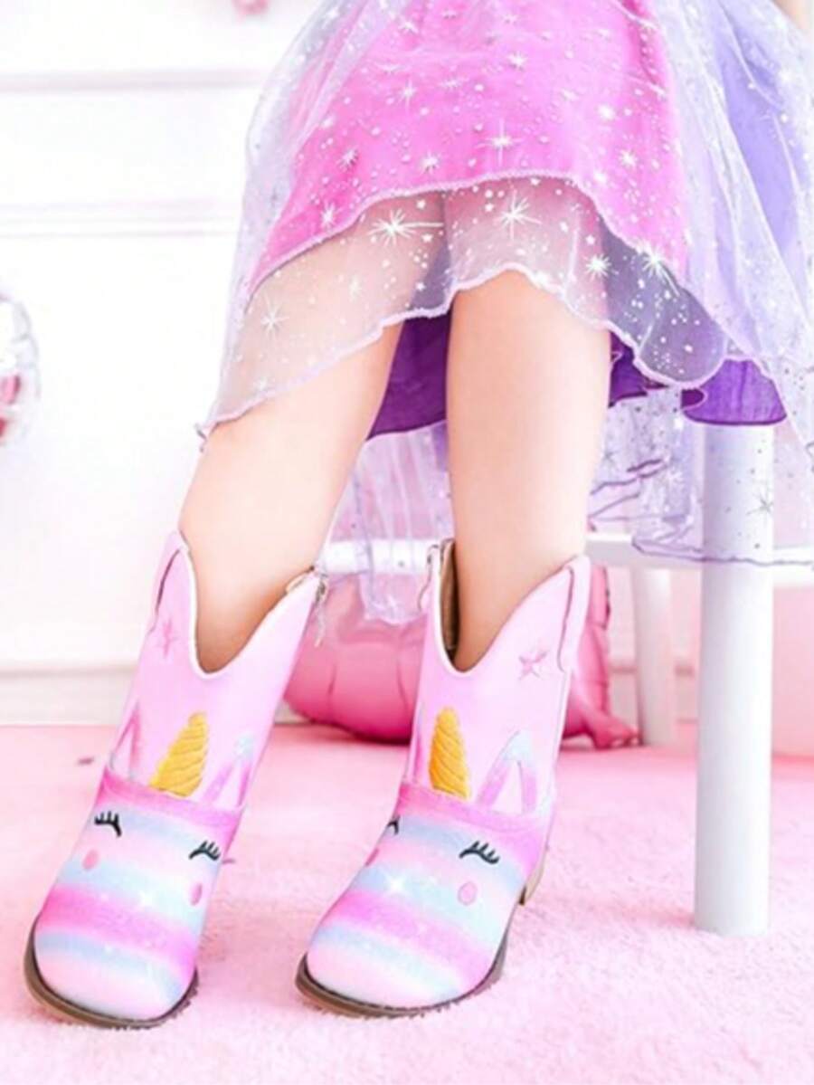 Girls Toddler Animal Print Cowgirl Boots Unicorn Un Pink Cowboy Boots Ankle Western Zipper Boots For Little Kids School Party Casual - 獨角獸彩虹粉色 - 查看 1