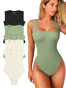 OQQ 3 Piece Bodysuits For Women Sexy Ribbed Strappy Square Neck Stretch Tank Tops Bodysuits - 黑,豆綠,米 - 查看 1