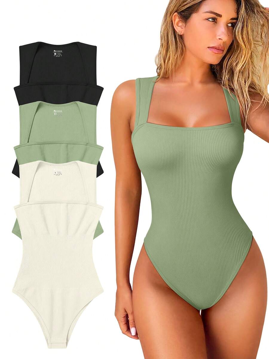 OQQ 3 Piece Bodysuits For Women Sexy Ribbed Strappy Square Neck Stretch Tank Tops Bodysuits - 黑,豆綠,米 - 查看 1