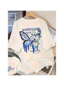 Modisches und modisches Kurzarm-T-Shirt aus reiner Baumwolle für Damen, ideal für den Herbst. Locker und vielseitig im Sommer. Mit Schmetterlingsprint. - Vitt - Visa 1