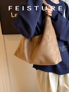 1 件 FEISTURE 绒面革面料大号日常通勤单肩包，时尚宽敞的手提包，带磁扣，适合休闲外出、约会、通勤 - 卡其色 - 查看 6