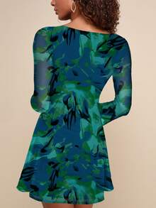 SEBOWEL Tie Dye Print Ruched Mesh Slim Mini Dress Women Elegant Floral Square Neck Long Sleeve Bodycon Club Party Cocktail Dresses, Casual Spring Fall Winter Dress - 綠色 - 查看 5