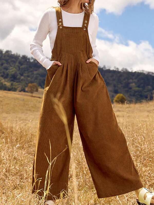 Women's Autumn/Winter Adjustable Button Pocket Solid Color Corduroy Brown Bib Pants Jumpsuit, Suitable For Home, Holiday, Date, Vacation