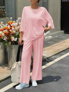 Fisoew Women Two Piece Lounge Set Casual 34 Sleeve Tunic Top And Wide Leg Pants Cozy Fall Outfits Y2K Matching Sets Soft Travel Loungewear Breathable Jogger Suit - 粉紅色 - 查看 6