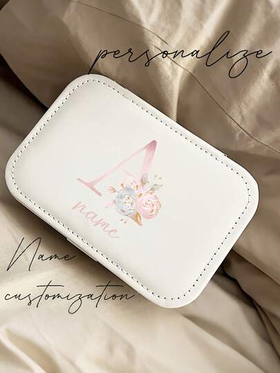 Custom Jewelry Box Jewelry Box, Personalized Pink Floral Alphabet A-Z Jewelry Box, Customized Name Storage, Multifunctional Portable Bracelet And Earring Holder, Hand Washable Storage Box, Travel Leather Ring Necklace Box,Elegant Living,Artful Living