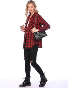 Women's Long Roll Up Sleeve Cotton Flannels Plaid Shirts Classic Fit Button Down Shirt Blouses With Pockets