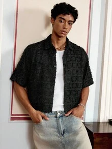 男士格子梭织短袖短款上衣，适合夏季，街头时尚 - 黑色 - 查看 4