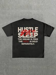 Camiseta informal de manga corta con cuello redondo y estampado gráfico para niños y adolescentes, top de verano - Negro - Ver 1