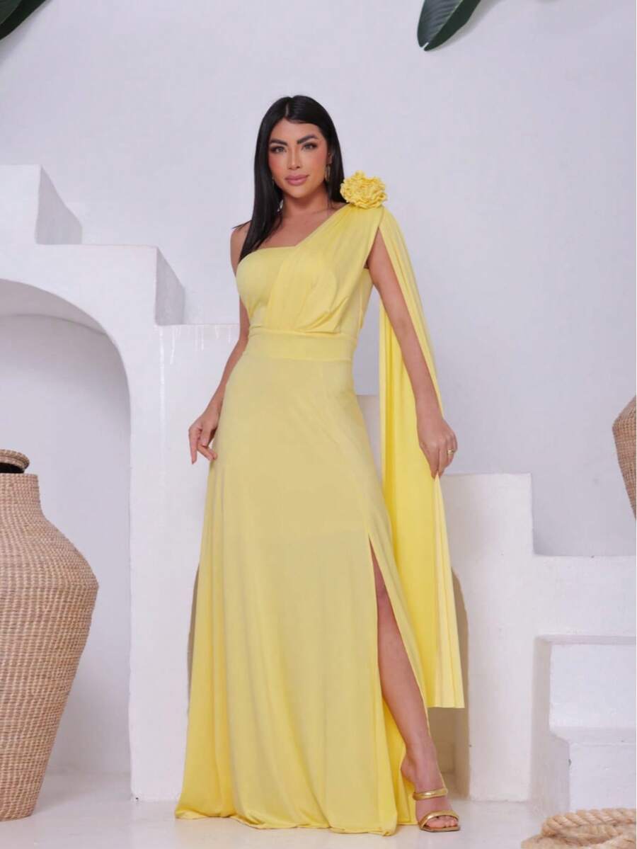 Women's Long Party Dress 3D Flower One Shoulder Cape Lined Cup Side Slit Simple Elegant Cloth Party Dress Wedding Party Graduation Prom Wedding Guest - 黃色 - 查看 1