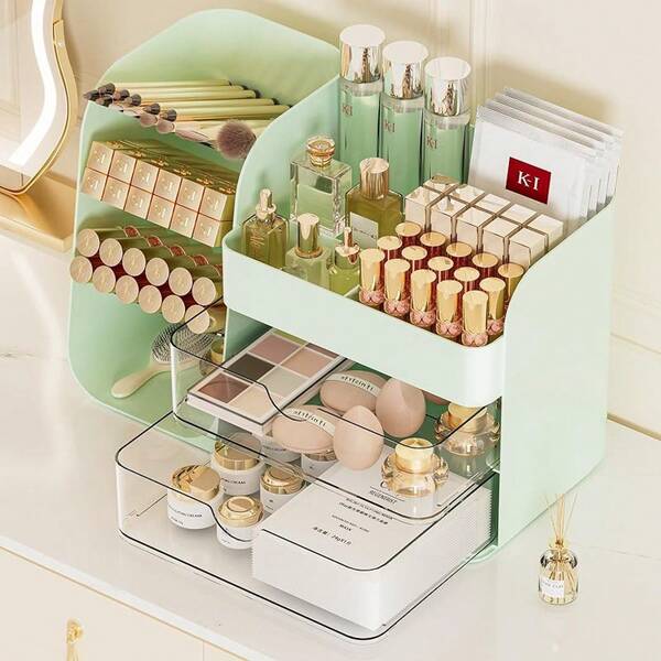 Makeup Organizer With Brush Holder For Vanity,Countertop Makeup Organizer With Drawers,Spacious Cosmetic Display Case,Perfect Storage Solution For Your Beauty Essential