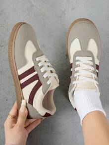 Women's Versatile Preppy Style Sneakers, Flat Non-Slip Lace-Up Round Toe Rubber Sole Casual Shoes, Available In Burgundy, Black, Khaki Color-Block, Suitable For Daily Wear, Casual Shoes, Size 36-41, Fashion - Burgundy - View 3
