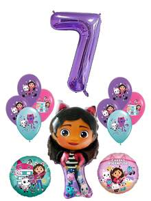 Tema de Gabby's Dollhouse - Globos de película de aluminio de alta calidad con forma de Gabby + Nuevos globos de látex impresos + Globos de película de aluminio digital morados, globos de látex morados, azules, blancos y rosas, adecuados para decoración de fiestas de cumpleaños, decoración de fiestas de festivales, decoración de globos para fiestas de cumpleaños de niños que aman a Gabby, Halloween, Navidad, Día de Acción de Gracias, Día del Niño - Multicolor - Ver 16