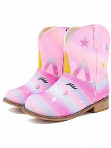 Girls Toddler Animal Print Cowgirl Boots Unicorn Un Pink Cowboy Boots Ankle Western Zipper Boots For Little Kids School Party Casual - 獨角獸彩虹粉色 - 查看 2