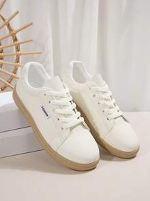 1 Pair Breathable Lace-Up Casual Sneakers, White Shoes For Girl, Spring/Summer/Autumn, 2025 New Fashion Unisex Sports Trainers, Suitable For Casual Wear - Beige - View 7