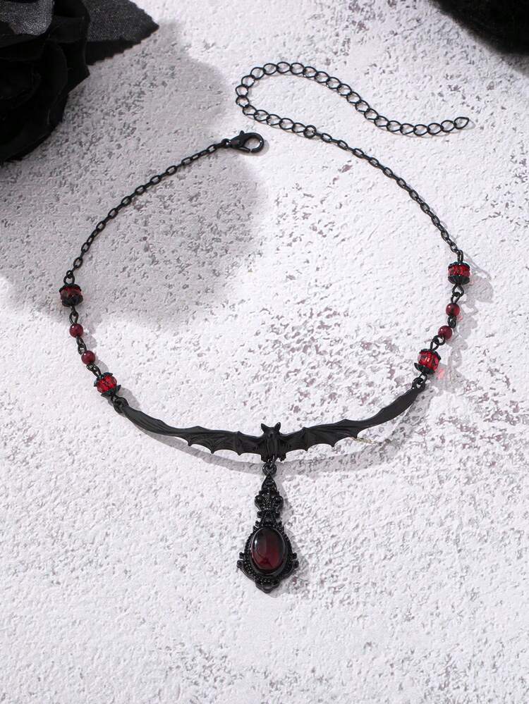 1pc Gothic Halloween Bat Necklace - Dark Black & Red Vampire Accessory - Women Halloween Costume Party Jewelry - Black Bat Charm Necklace - View 2