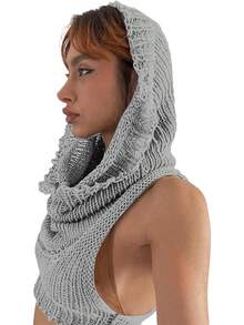 Women Knitted Hoodie Sweater Vest Sleeveless Hollow Out Hooded Crop Top Streetwear Rave Oufit - 淺灰色 - 查看 3
