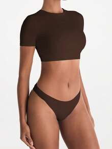 XLLAIS Small Round Neck Short Sleeve Fitted Sport T Shirt Cooling Layer Cute Summer Crop Tops 2025 - Dark Brown - View 2
