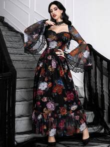 فستان طويل للنساء بطبعة الورود والدانتيل، ياقة مربعة أنيقة وأنثوية، أكمام واسعة، وذيل مكشكش، بتصميم جوتيك وساحر للهالوين والسهرات