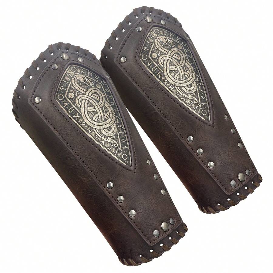 Pack de dos protectores de muñeca con cabeza de lobo en relieve de estilo vikingo nórdico, protectores de manos de estilo caballero medieval, accesorios de escenario para cosplay. - café - Ver 1
