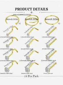 10pcs/Set Cubic Zirconia Stainless Steel Nose Rings & Studs, Shiny Fashion Nose Piercing Jewelry For Men & Women