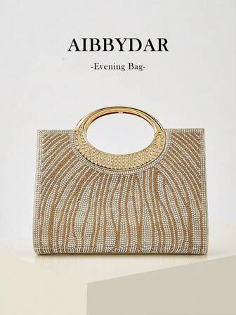 AIBBYDAR Women's Evening Bag, Gold Fashion Ladies Handbag With Artificial Diamond Decor, Detachable Metal Shoulder Strap, Suitable For Evening Dress, Party, Wedding, Lightweight Polyester, Magnetic Closure