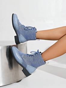 秋冬季女士时尚复古雕花拼接系带舒适踝靴，完美适用于圣诞节假日派对和各种场合，女士靴子 - 藍色 - 查看 6