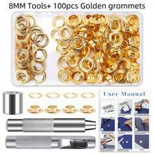 Zestaw narzędzi do przelotek 100 szt. (6/8/10/12 mm) Zestaw miedzianych przelotek z otworem, dziurkacz, narzędzia do ustawiania przelotek do odzieży, skóry, pasków, tkaniny, z stemplem i dziurkaczem do tworzenia biżuterii - trwałe narzędzia żelazne do skóry, pasków, odzieży i zasłon - zawiera torbę do przechowywania, zestaw przelotek | Narzędzia do dziurkowania | Trwałe narzędzia