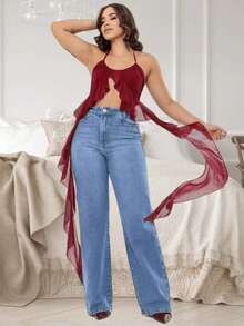 2025 Straight Loose Jeans For Women, Solid Color Blue, Black, Casual Women's Pants, Comfortable, Versatile Denim Pants, Essential For Travel - 淺色水洗藍 - 查看 2