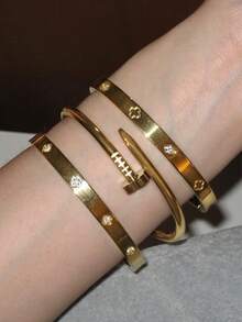 4pcs Luxury Stainless Steel Rhinestone Clover & Star Bangle Bracelet Set, Vintage Elegant Jewelry Suit For Women, Suitable For Daily Wear, Gift, Party, Fashionable Christmas Present - Gold - View 16