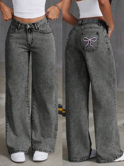 Teenager Mädchen Weite Passform Schmetterling Muster Jeans Weite Beine