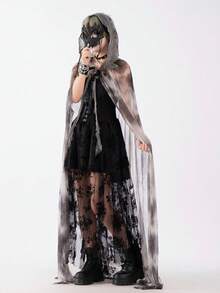 1 áo choàng Halloween có mũ màu đen, 1 áo blouse phù thủy ren, 1 khăn choàng lưới, 1 nơ cổ bèo nhún, họa tiết hoa - A - Xem 8