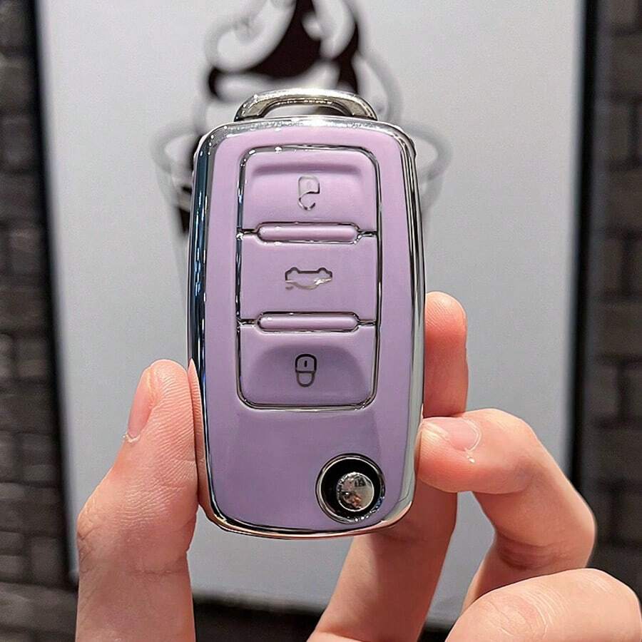 汽车钥匙扣外壳，防摔，粉色和银色，适用于大众朗逸/速腾/帕萨特/斯柯达明锐/速派/科迪亚克/柯米克/速派 - 粉色 - 查看 1