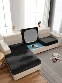 1 pieza Funda de cojín de sofá de peluche de zorro plateado gris oscuro, minimalista clásica, funda protectora decorativa a prueba de polvo de unicolor y elástica, adecuada para hotel, dormitorio, decoración de sala de estar, decoración de habitación, negro, gris claro, caqui, decoración de otoño, decoración de habitación, vuelta al colegio, útiles escolares