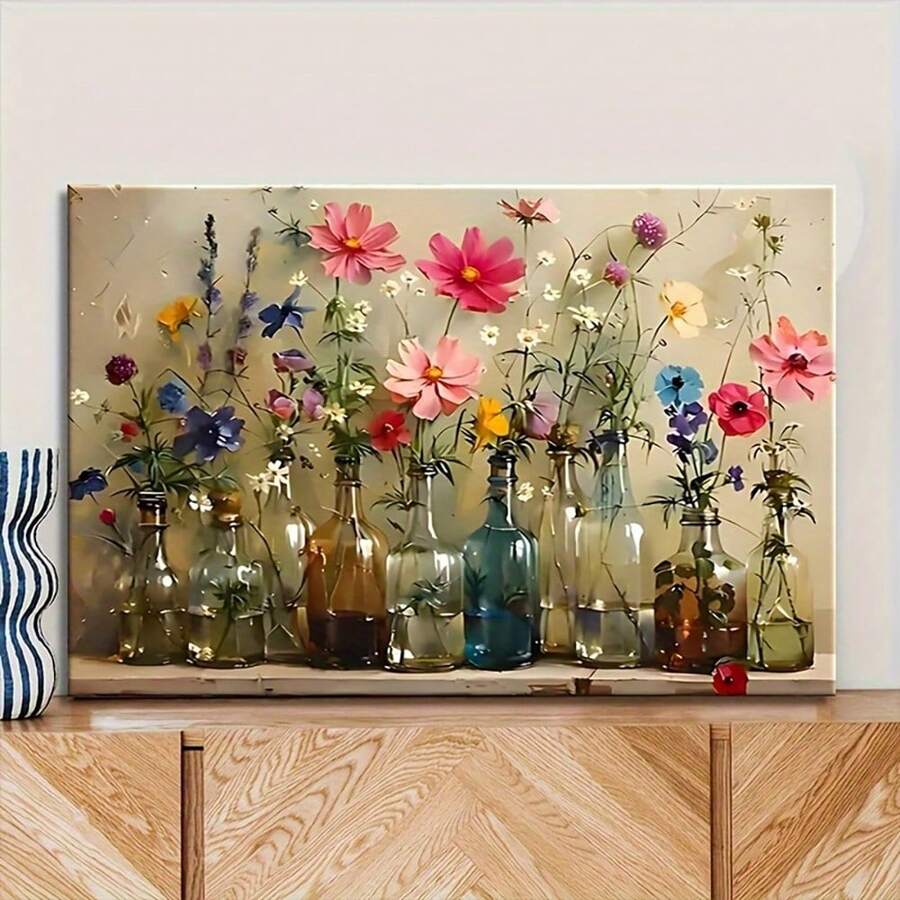 Arte de lienzo floral vibrante con tarros Mason - Sala de estar, decoración de pared moderna opcional para dormitorio u oficina en casa - Diseño de ramo colorido en azul, rosa, amarillo y morado - Regalo ideal de inauguración de casa, decoración del hogar