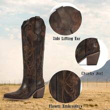 Women Vintage Knee High Cowgirl Boots Floral Embroidered Pointed Toe Western Cowboy Boots Chunky Heel Pull On Retro Dress Party Wedding Shopping Outdoor Christmas Country Music Festival Tall Boots For Women - nâu sẫm - Xem 3