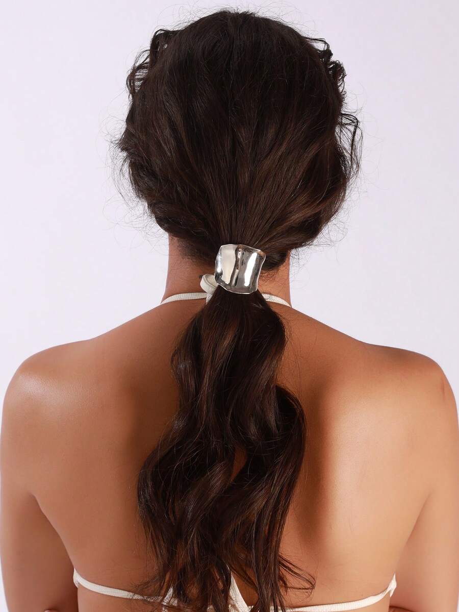 1pc Women's Silver Geometric Metal Hair Tie, Elastic Hair Accessories, Decorative Gift Hair Ties Ponytail Holders Hair Elastics Hair Rubber Bands Scrunchies Hair Rope, Hair Bobbles - Silver - View 1