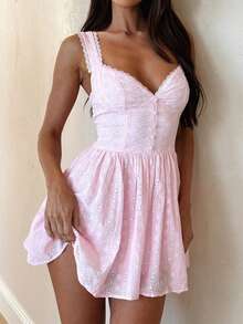 Women's Summer Mini Dress Stylish Solid Lace Trim Flower Embroidered Hollow Details Sleeveless V Neck A Line Dress - Hồng - Xem 1