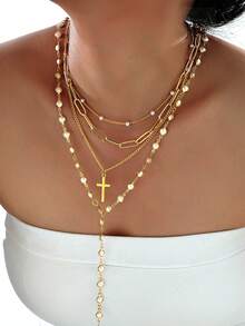 4/1 Set Elegant Vintage Minimalist Style Women Pearl Heart Flower Cross Pendant Y-Necklace Set, Suitable For Women's Daily, Party, Date, Wedding, Vacation, Multi-Layer Wear, Delicate Necklace, 2025 New Collection