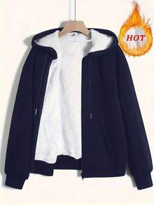 Plus Size Women Solid Color Fleece Zip-Up Jacket, Basic Style, Warm For Autumn/Winter - Navy Blue - View 1