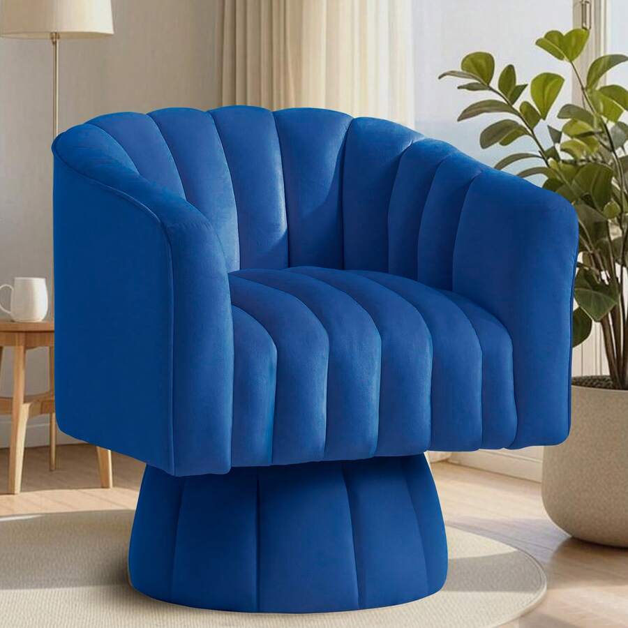 KORSER Swivel Accent Chair,360°Swivel Barrel Chair, Modern Swivel Chair With Velvet Fabric, Mid-Century Swivel Chair With Wide Upholstered, Round Swivel Armchair For Living Room, Lounge, Bedroom - 藍色 - 查看 1