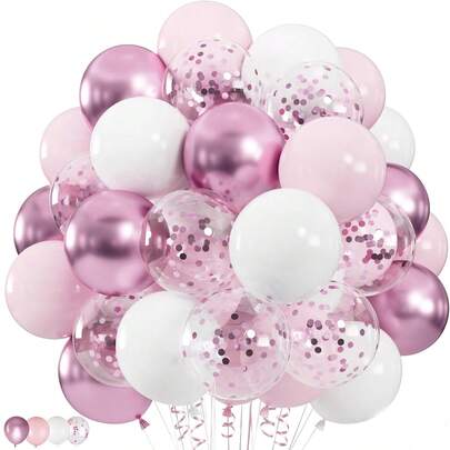 60/35pcs Pink & White Balloon Set, 10-Inch Metallic Pastel Pink Curling Ribbon Balloons, Suitable For Birthday, Wedding, Bridal Shower, Bachelorette, Princess Theme Party Decoration