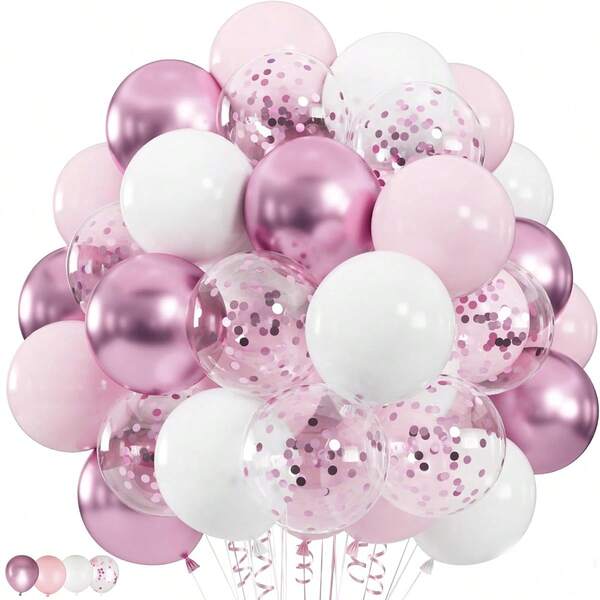 60/35pcs Pink & White Balloon Set, 10-Inch Metallic Pastel Pink Curling Ribbon Balloons, Suitable For Birthday, Wedding, Bridal Shower, Bachelorette, Princess Theme Party Decoration