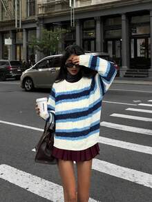 VIBEWAVE modischer, locker sitzender, lässiger gestreifter Rundhals-Pullover mit Langarm für Frauen, Neuheit für den Herbst - Verschiedenfarbig - Übersicht 2