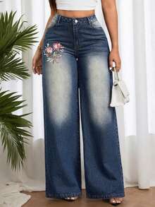 Casual Washed Floral Embroidered Wide-Leg Jeans - Blue - View 5