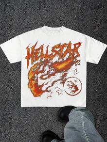 Flame Face Combined With Stars Creative All-Matching Street Print Pattern Personality Design(220g Cotton T-Shirt) 100% Cotton Fabric-Simple And Versatile Round Neck Breathable Short Sleeve, Summer Men's Shirt, Breathable Cotton, Suitable For Outdoor Leisure Activities. - 白色 - 查看 1